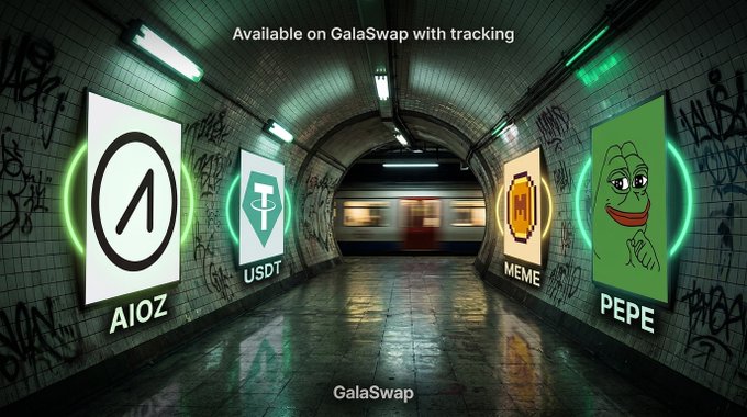 A graffiti-covered subway tunnel shows a train passing through, flanked by illuminated circular displays of AIOZ, USDT, MEME, and PEPE tokens, promoting the message "Available on GalaSwap with tracking." The image visually ties into the announcement by featuring each of the four newly supported tokens along the tunnel walls as the GalaSwap platform banner appears at the bottom.