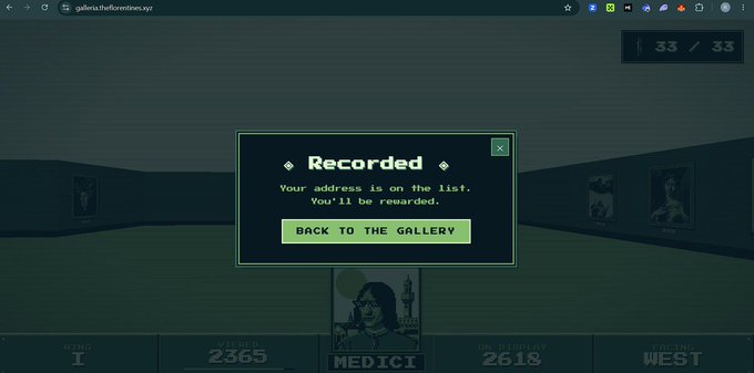 A website interface for 'gallery.theforgotten.xyz' displays a popup message reading 'Recorded - Your address is on the list. You'll be rewarded.' with a 'BACK TO THE GALLERY' button.