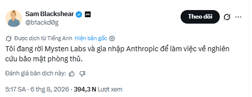 A Vietnamese X post from Sam Blackshear (@blacksd0g) announcing his departure from Mysten Labs to join Anthropic to work on password research, translated by Google from English.