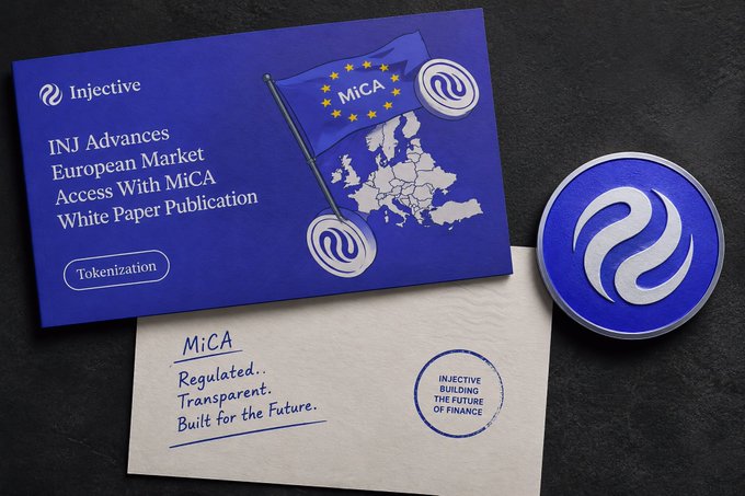 A promotional graphic for Injective announcing 'INJ Advances European Market Access With MiCA White Paper Publication' under the 'Tokenization' category, featuring the Injective logo and notes about MiCA being 'Regulated, Transparent, Built for the Future.'