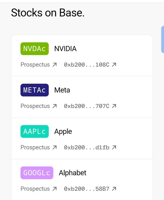 A screenshot titled "Stocks on Base" listing tickers NVDAc (NVIDIA), METAc (Meta), AAPLc (Apple), and GOOGLEc (Alphabet) with their respective contract addresses starting with 0xb200.