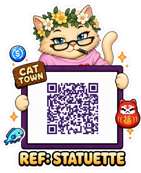 An illustration featuring a cat with a flower crown, glasses, and a pipe holding a 'CAT TOWN' QR code sign, with 'REF: STATUETTE' written at the bottom and a red lucky cat figurine on the side.