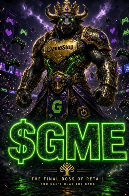 A stylized digital artwork depicting GameStop ($GME) as a powerful armored warrior with a crown, captioned 'THE FINAL BOSS OF RETAIL - YOU CAN'T BEAT THE GAME'.