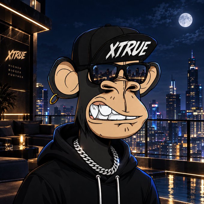 An NFT-style cartoon illustration of a chimpanzee wearing a black hoodie, a gold chain, sunglasses reflecting a city skyline, and an "XTRUE" cap, set against a nighttime cityscape with a full moon.