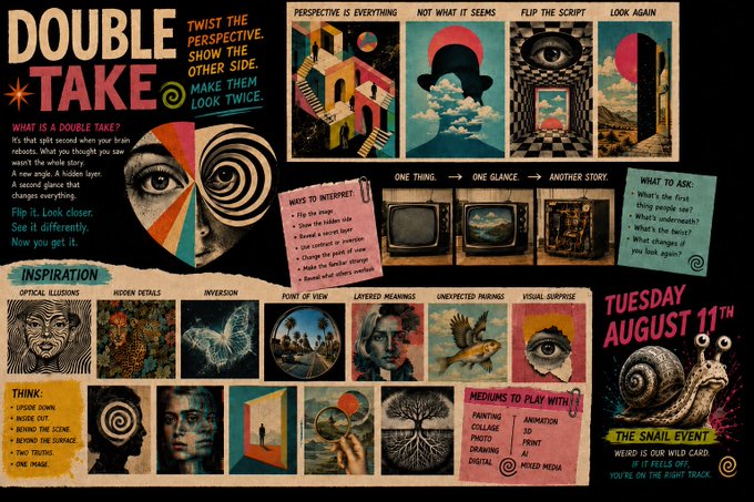 A colorful creative prompt poster titled 'DOUBLE TAKE' about perspective and double takes, featuring various surrealist artworks and scheduled for Tuesday August 11th with a snail event theme.