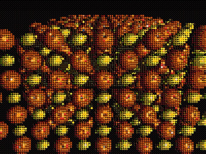 An abstract digital art piece featuring a repeating pattern of warm orange and yellow textured shapes resembling fragmented or blocky forms on a dark background.