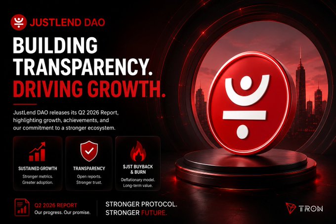 Promotional graphic for JustLend DAO's Q2 2026 Report with the headline 'BUILDING TRANSPARENCY. DRIVING GROWTH.', featuring a red logo and sections on 'SUSTAINED GROWTH', 'TRANSPARENCY', and '$JST BUYBACK & BURN' alongside the TRON logo.
