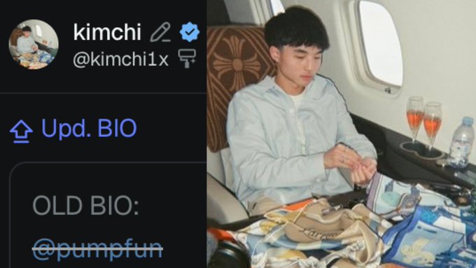 A screenshot of the X profile for “kimchi” (@kimchi1x) shows the post “Upd. BIO” above the old bio “@pumpfun,” alongside a photo of a young man seated on a private jet. The image illustrates the accompanying post’s claim that Kimchi removed the @Pumpfun handle from his X bio.
