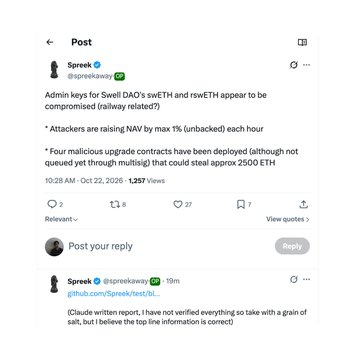 A screenshot of a tweet from Spreak (@spreakaway) on X (formerly Twitter) warning that admin keys for Swell DAO's swETH and rowETH appear compromised, with up to 1% unbacked NAV NAV attacks per hour, four malicious upgrade contracts deployed, and 2,500 ETH at risk of theft, prompting users to verify swETH and rswETH positions and withdraw funds immediately.