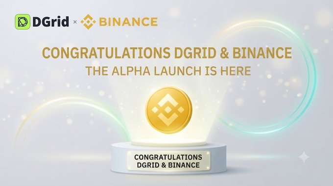 A promotional graphic featuring the DGrid and Binance logos, with the text 'CONGRATULATIONS DGRID & BINANCE THE ALPHA LAUNCH IS HERE' above a gold coin on a pedestal.