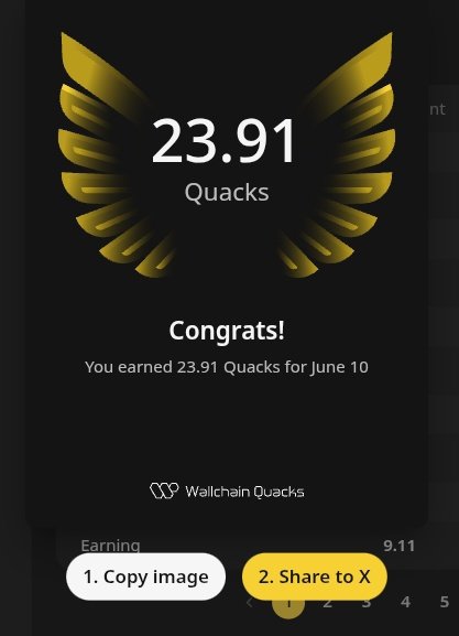 The image shows a phone screen with an app icon for Quackers, featuring a gold bird design and the number 23.91 displayed at the top. The text below states that a user has earned 23.91 Quacks by playing Quackers. In addition to this information, there are two buttons on the left side of the screen labeled "copy image" and "2-share to X". These options allow users to copy the image or share it with others who have also played the game. The text within these features is not legible in the image alone.