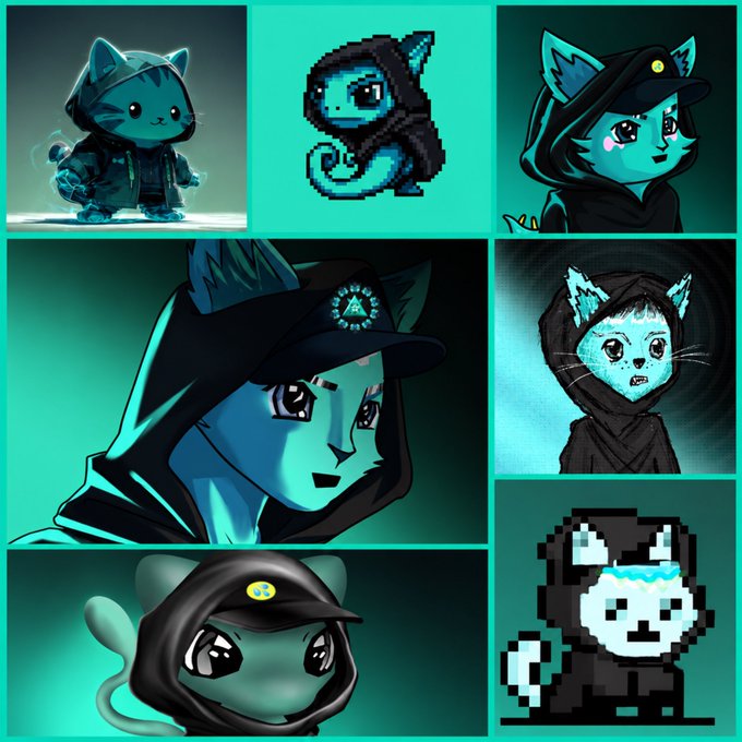 A collage of six stylized cyan and black cat-like character illustrations, ranging from chibi and pixel art to detailed hooded figures wearing caps with the Hyperliquid logo. The artwork ties to the "Hyperliquid NFTs" post by showcasing the brand's signature mascot reimagined across various artistic NFT-style designs.