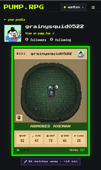 A screenshot from pump.rpg showing a profile page for user 'grainysquid0522' featuring an 'Armored Axeman' character card with stats HP 52, ATK 47, DEF 73, SPD 40, and LUCK 25.
