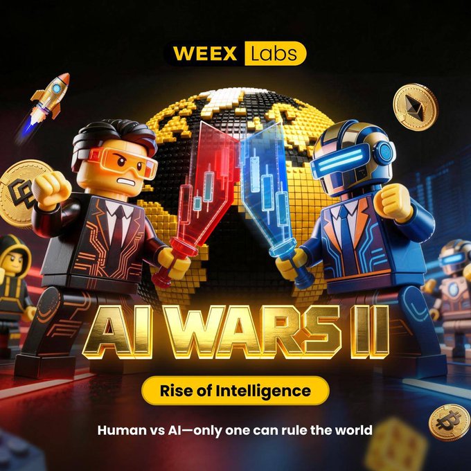 Promotional graphic for WEEX Labs' 'AI WARS II: Rise of Intelligence' featuring two Lego-style figures (one human with orange glasses, one robotic) wielding glowing trading-chart swords, with the tagline 'Human vs AI—only one can rule the world' alongside Bitcoin and Ethereum coins.