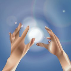 Two hands are raised toward a glowing light against a blue, bokeh-filled background.