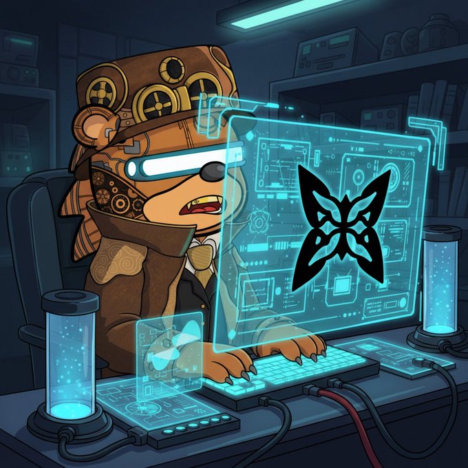 A steampunk-styled bear wearing a top hat and VR goggles sits at a glowing blue quantum computing workstation, typing on a futuristic keyboard while a butterfly-shaped digital display projects a stylized "Q" logo overhead. The image visually represents the user's post about working on Quip Network's testnet, with the bear's high-tech steampunk setup symbolizing the seamless integration of quantum resources with traditional computing mentioned in their update.