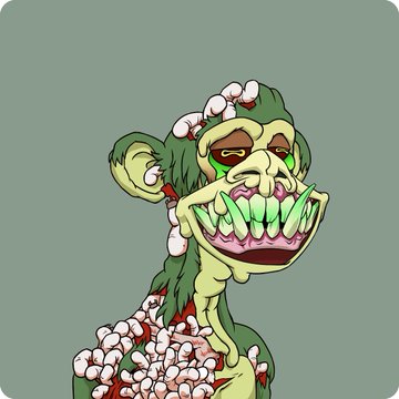 A grotesque cartoon illustration of a green zombie-like creature with a wide grin, exposed teeth, and bubbly/infected skin against a gray background.