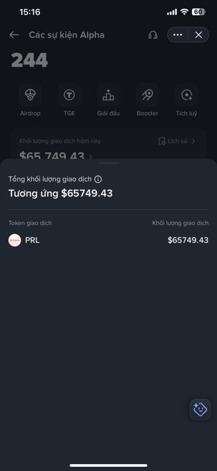 Screenshot of a cryptocurrency trading app in Vietnamese ('Cập nhật kiến Alpha') showing a transaction volume of $65749.43 PRL.