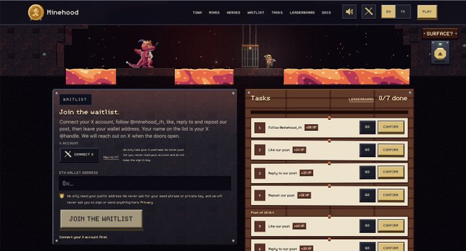 A promotional website for the game "Minehood," displaying a 2D platformer scene with a pink dragon character, and instructions to join a waitlist by connecting an X (formerly Twitter) account to earn an ETH wallet address.