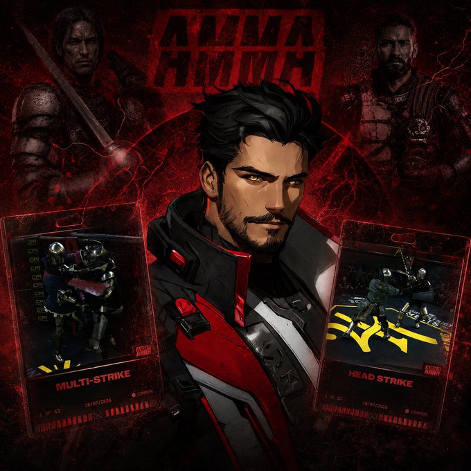 Promotional artwork for the mobile game MMA Manager, featuring a stylized male fighter with dark hair in the center, flanked by two warrior figures and two gameplay cards labeled 'MULTI-STRIKE' and 'HEAD STRIKE' showing in-game action screenshots.