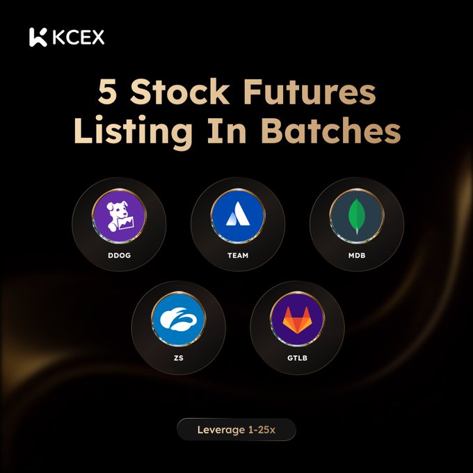 A KCEX promotional graphic announces '5 Stock Futures Listing In Batches' featuring DDOG, TEAM, MDB, ZS, and GTLB tickers with 1-25x leverage.