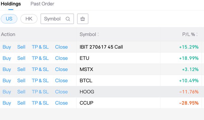 A stock trading app showing 'Holdings' for US stocks: IBIT 270617 45 Call (+15.29%), ETU (+18.99%), MSTX (+3.12%), BTCL (+10.49%), HOOG (-11.76%), and CCUP (-28.95%).