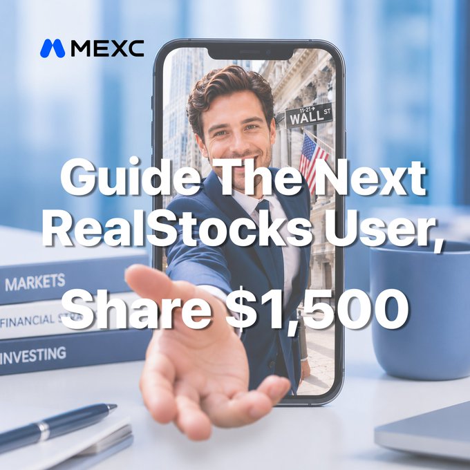 The image features a cell phone that shows a man with his hand outstretched. The backdrop of the picture includes some books and a cup suggesting this may be an advertisement or promotional material related to investing, real stocks, and potentially financial education platforms such as MEXC.