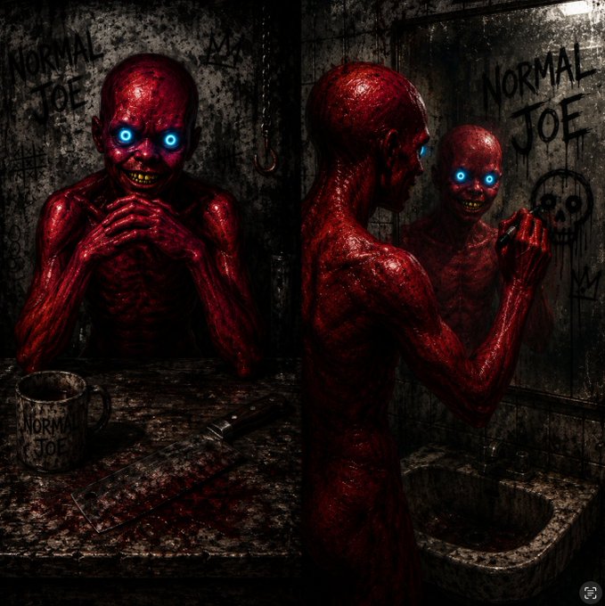 A dark, horror-style illustration showing a red, skeletal humanoid figure with glowing blue eyes looking in a mirror, with 'NORMAL JOE' graffiti on the walls and a matching mug.