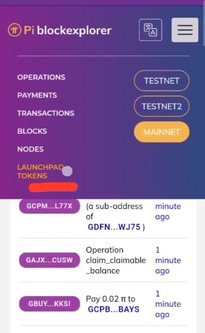 Pi blockexplorer app screenshot showing navigation menu (Operations, Payments, Transactions, Blocks, Nodes, Launchpad, Tokens) and recent activity including 'claim_claimable_balance' and a payment of 0.02 π.