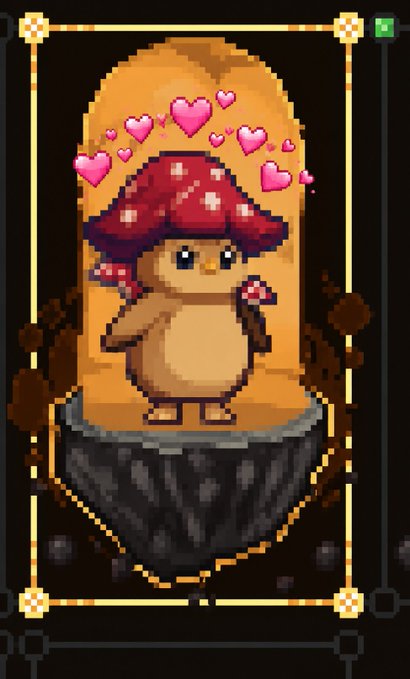 A pixel art character wears a red and white mushroom cap while surrounded by floating pink hearts, standing inside a glowing orange archway on a dark stone platform. The image represents a gifted skin for the "Tollan" game or NFT project, matching the post celebrating a mushroom-themed cosmetic received from RED Crypto.