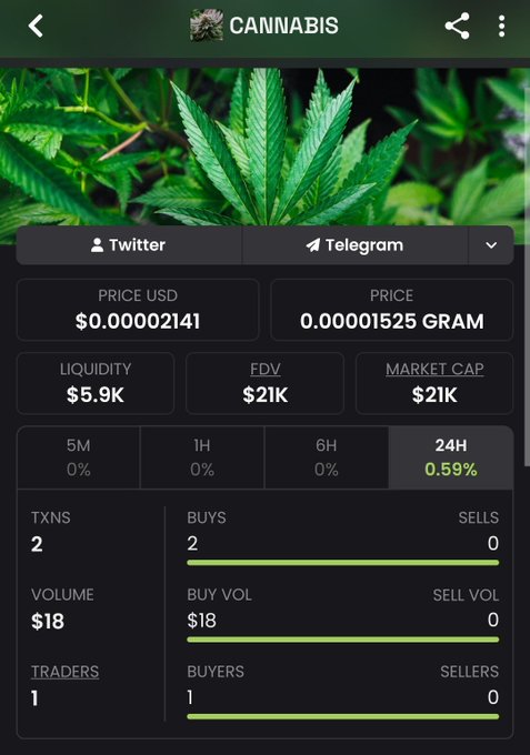 The image shows a cryptocurrency tracking app displaying information for a token called "CANNABIS," priced at $0.00002141 USD (0.00001525 GRAM) with a market cap of $21K and very low trading volume of just $18 over 24 hours, with only 2 transactions, 1 trader, and 2 buys against 0 sells. The image appears unrelated to the accompanying post, which promotes the $ION token and references @lorddrey and @ice_z3us allegedly building an ecosystem despite FUDs and benefiting from an @ice_blockchain airdrop.