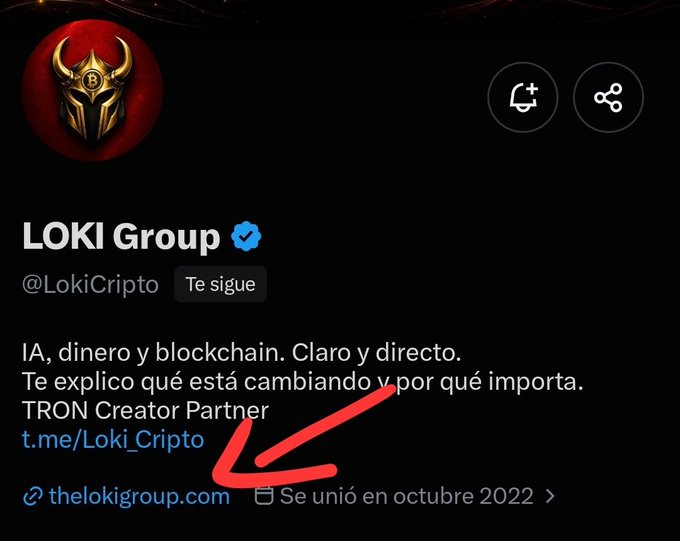 A Twitter/X profile screenshot for 'LOKI Group' (@LokiCripto), a verified TRON Creator Partner account with the bio 'IA, dinero y blockchain. Claro y directo.', with a red arrow pointing toward the website link.