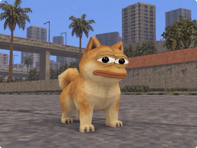 A low-poly 3D render of a strange orange cat-dog hybrid creature standing on pavement with city buildings and palm trees in the background.