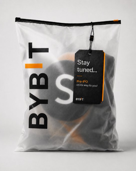 A clear plastic Bybit pouch with an orange zipper holds a mysterious round object, tagged with a black label reading "Stay tuned... Pre-IPO on its way to you!" alongside the Bybit logo, teasing the upcoming pre-IPO offering teased in the post.