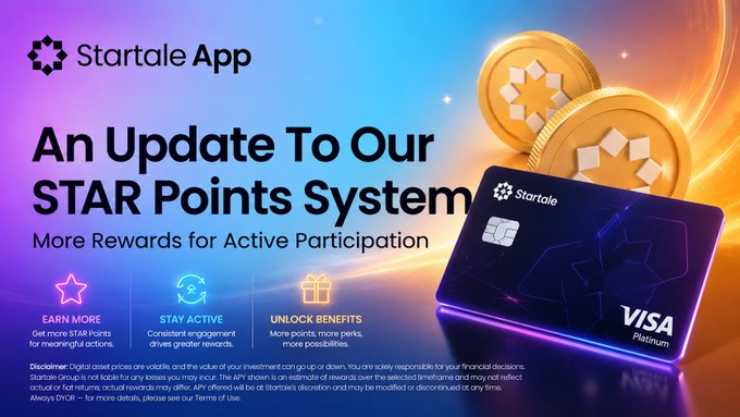 A promotional banner for the Startale App announcing 'An Update To Our STAR Points System: More Rewards for Active Participation,' featuring a Startale Visa Platinum card and icons for earning, staying active, and unlocking benefits.