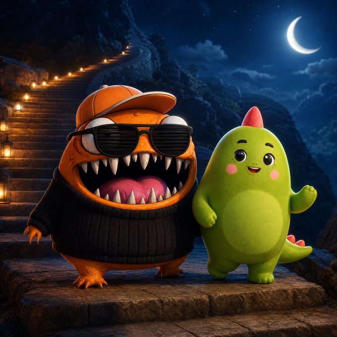 A 3D-rendered nighttime scene featuring two cartoon monsters—one orange wearing sunglasses and a sweater, the other a green dinosaur—standing on stone steps under a crescent moon.