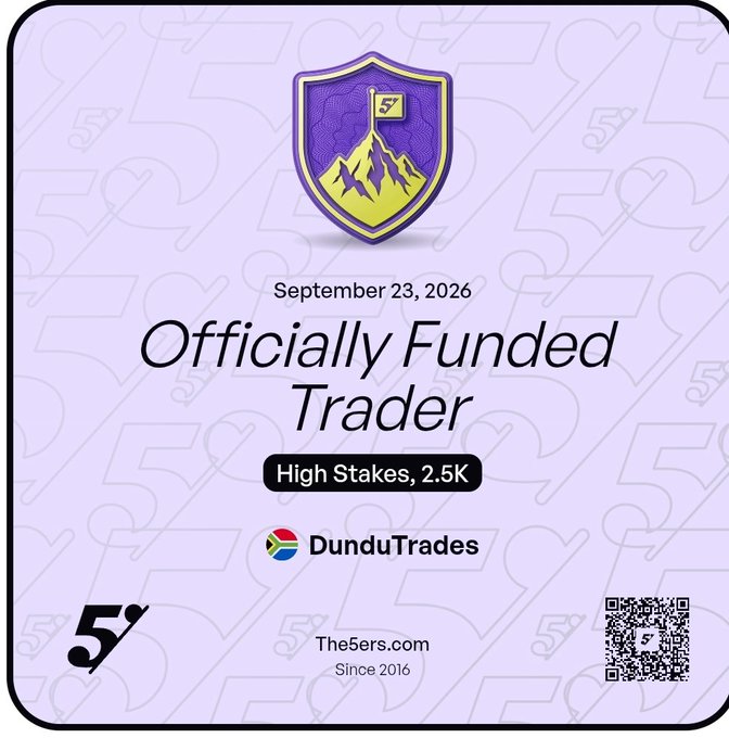 A purple "Officially Funded Trader" badge from The5ers dated September 23, 2026, awarded to DunduTrades for completing the High Stakes 2.5K challenge. The post celebrates this milestone as humble beginnings, marking the start of a long trading journey ahead.