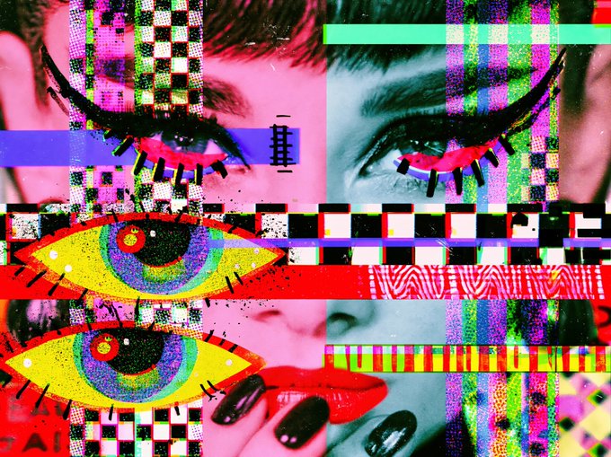 A vibrant, glitch-art style collage featuring fragmented images of a woman's eyes and lips, overlaid with colorful pixels, stripes, and abstract patterns in pink, yellow, red, and blue.