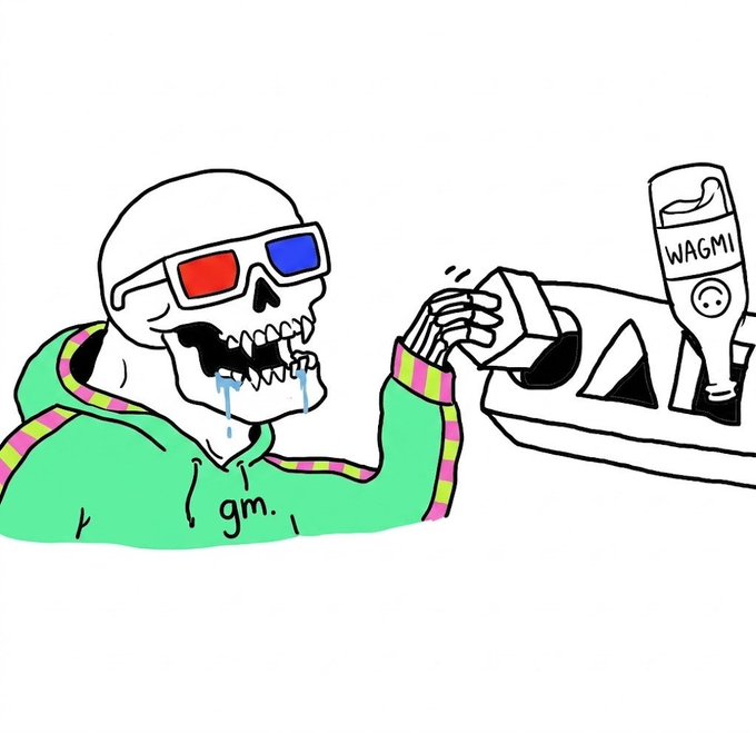 A cartoon skeleton wearing 3D glasses and a green hoodie reaching toward a tray labeled with the Avalanche (AVAX) logo and a bottle marked 'WAGMI', with 'gm' written on its hoodie.