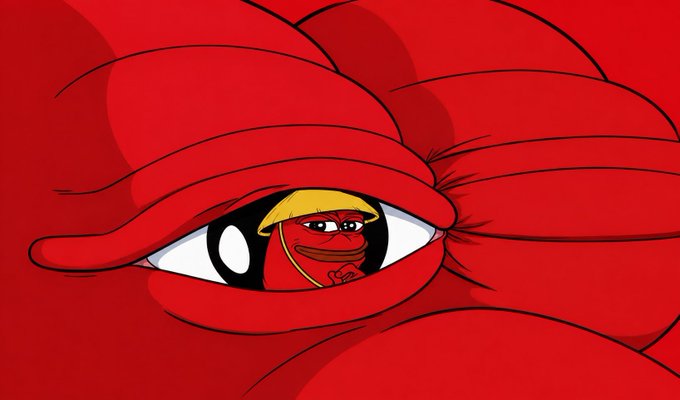 Cartoon-style illustration of a large red eye containing the Pepe the Frog character wearing a yellow cap within its pupil.