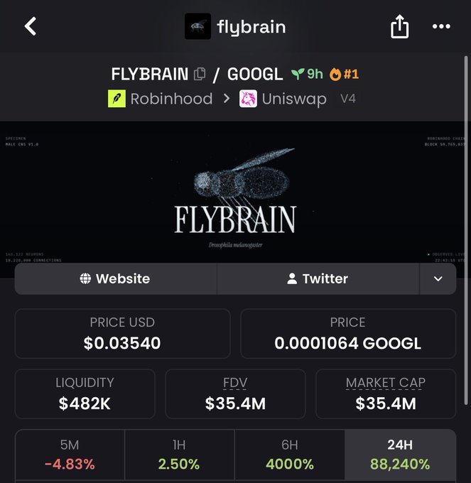 A screenshot of the FLYBRAIN/GOOGL token page on DEX Screener shows the cryptocurrency ranked #1 on Robinhood, with a 24H surge of 88,240%, a market cap of $35.4M, and a price of $0.03540 USD—corroborating the post's claim about its top ranking.
