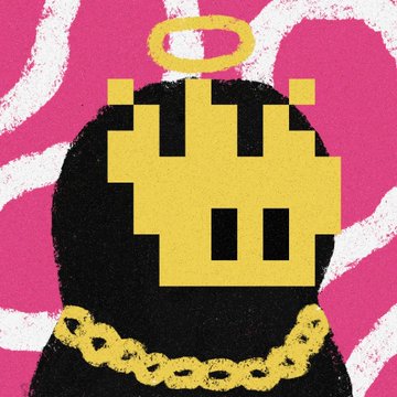 A stylized graphic artwork of a figure with a black head, wearing a gold chain and a yellow pixelated crown/face design, set against a pink and white background.