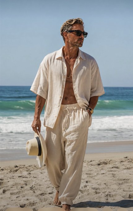 The image shows a tanned, middle-aged man with gray hair walking barefoot on a beach, wearing a relaxed cream-colored linen shirt (open, exposing his chest), matching drawstring pants, sunglasses, and carrying a straw fedora hat, with ocean waves in the background.

The image doesn't appear to relate to the accompanying $TBB (The Bitcoin Bull) project update text about a cryptocurrency launch on Pump.fun.