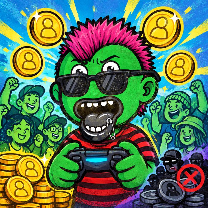 A vibrant cartoon illustration of a green-skinned character with pink spiky hair and sunglasses playing video games, surrounded by gold coins and cheering fans.