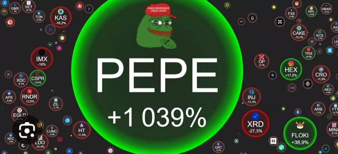 Cryptocurrency graphic featuring a Pepe the Frog character with a 'Make Crypto Great Again' hat, prominently displaying PEPE with a +1,039% gain, surrounded by other crypto tokens including IMX, KAS, HEX, CRO, INJ, XRD, and FLOKI.