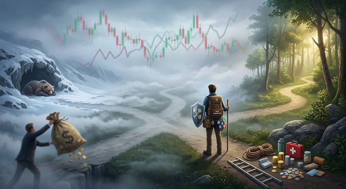 A digital illustration depicting a journey between a cold, icy winter landscape with bearish financial charts and a sunny, green valley with survival supplies, showing a traveler with a shield and staff facing the choice between risk and safety.