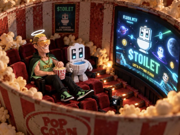 A 3D-rendered figurine of a man in sunglasses sits in a red popcorn bucket-shaped cinema holding a 'STOILET' movie screen showing a cartoon toilet character, with a popcorn bucket character beside him.