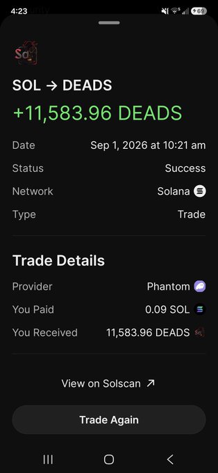 A mobile screenshot of a successful trade converting 0.09 SOL to 11,583.96 DEADS on the Solana network via Phantom, dated Sep 1, 2026 at 10:21 am.