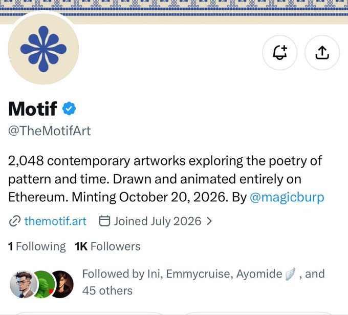 A Twitter/X profile page for 'Motif' (@TheMotifArt) describes '2,048 contemporary artworks exploring the poetry of pattern and time. Drawn and animated entirely on Ethereum. Minting October 20, 2026. By @magicburp,' showing 1K followers.