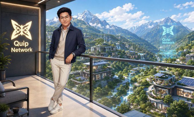 A young man in a navy blazer and white pants stands on a balcony with 'Quip Network' logos, overlooking a futuristic green valley city with mountains.